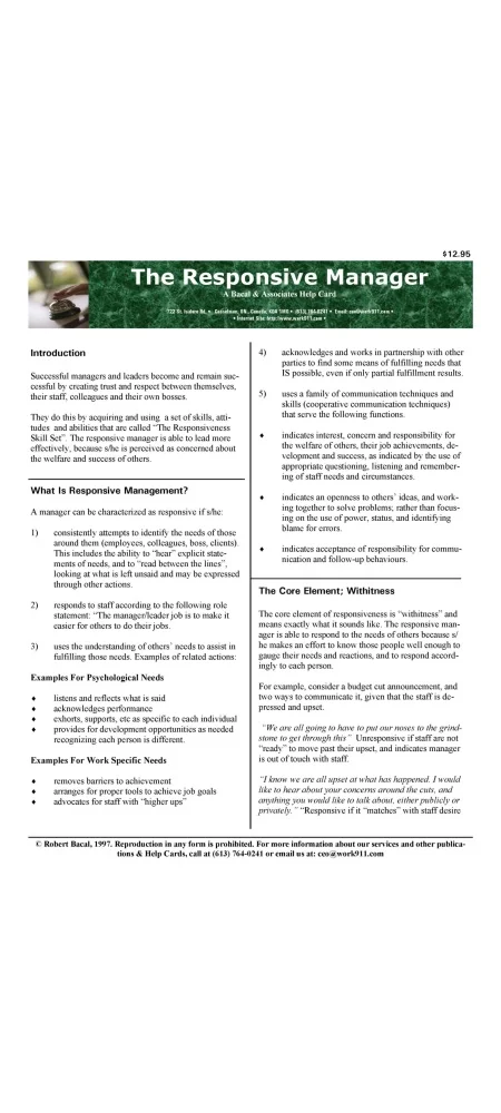 The Responsive Manager / Leader: Key to Loyalty and Productivity (Download)