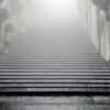 greyscale photography of concrete stairways