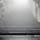 greyscale photography of concrete stairways