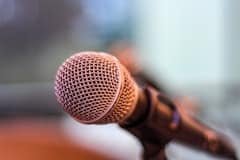 grey microphone on brown wooden stand